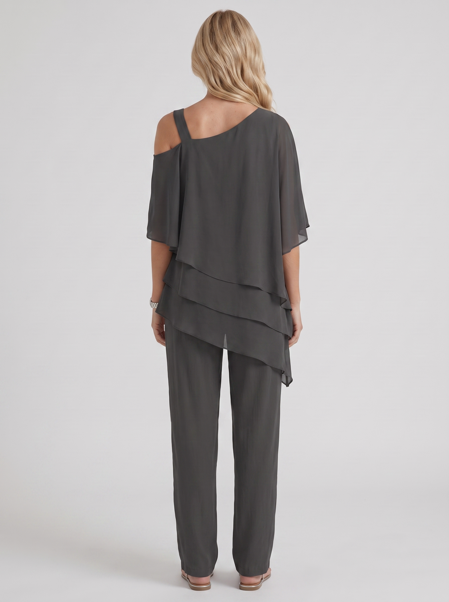 Women black pants two piece set with cold shoulder top and matching pants