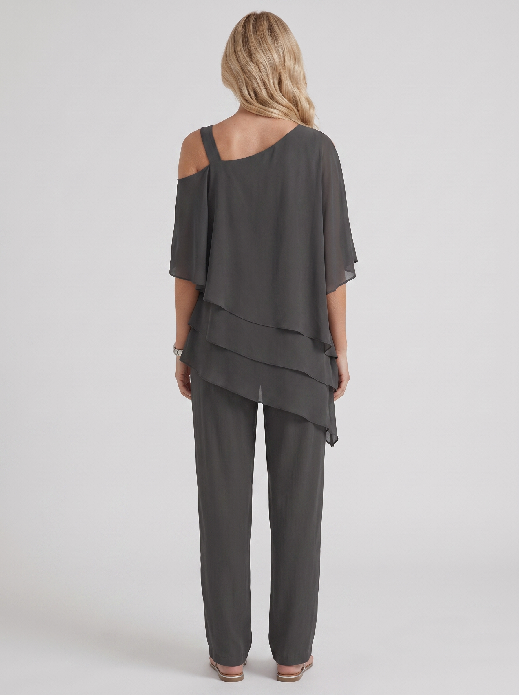 Women black pants two piece set with cold shoulder top and matching pants