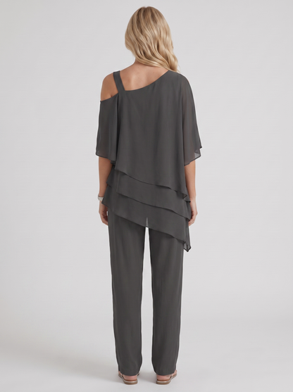 Women black pants two piece set with cold shoulder top and matching pants