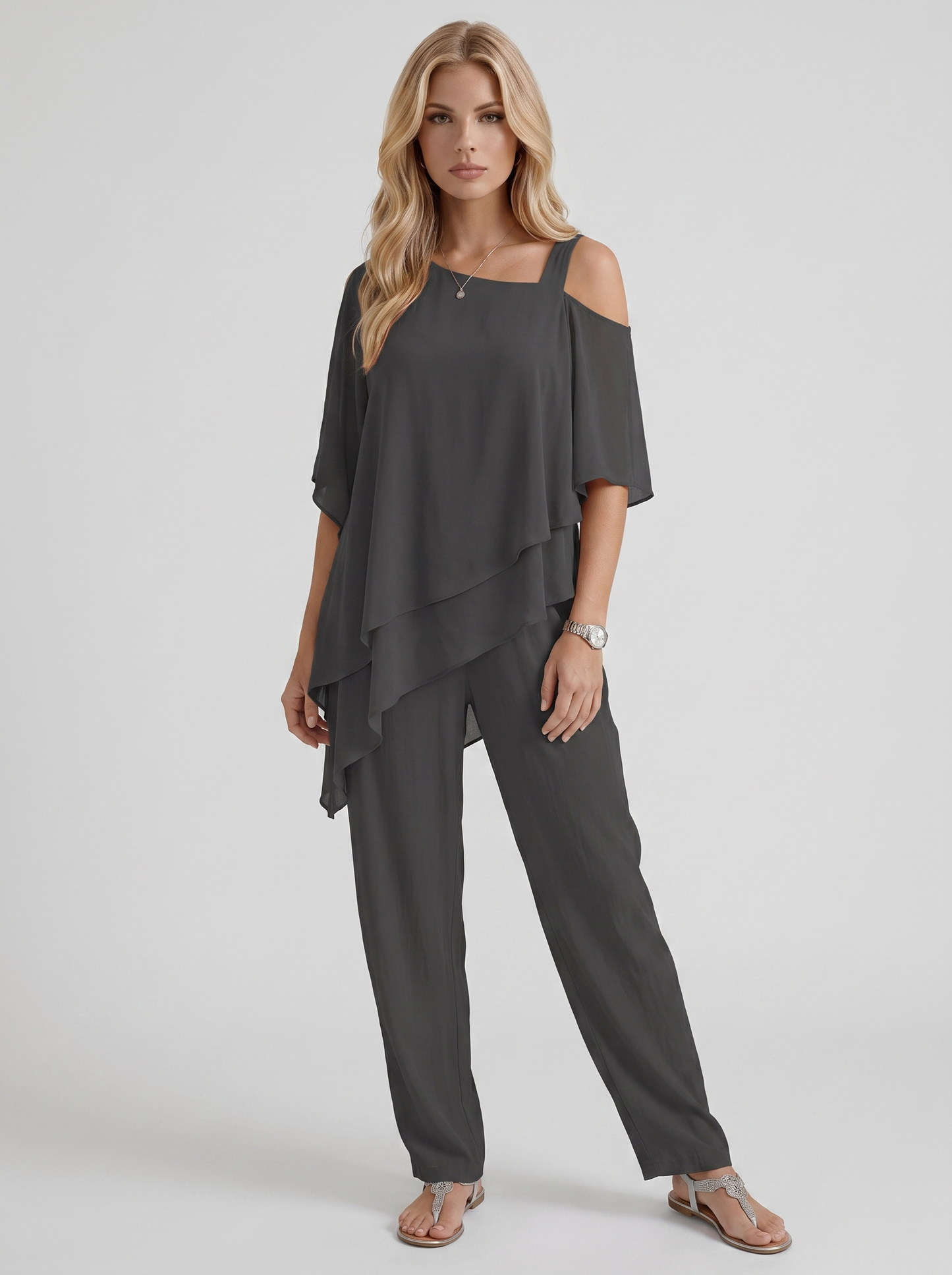 Women black pants two piece set with cold shoulder top and matching pants