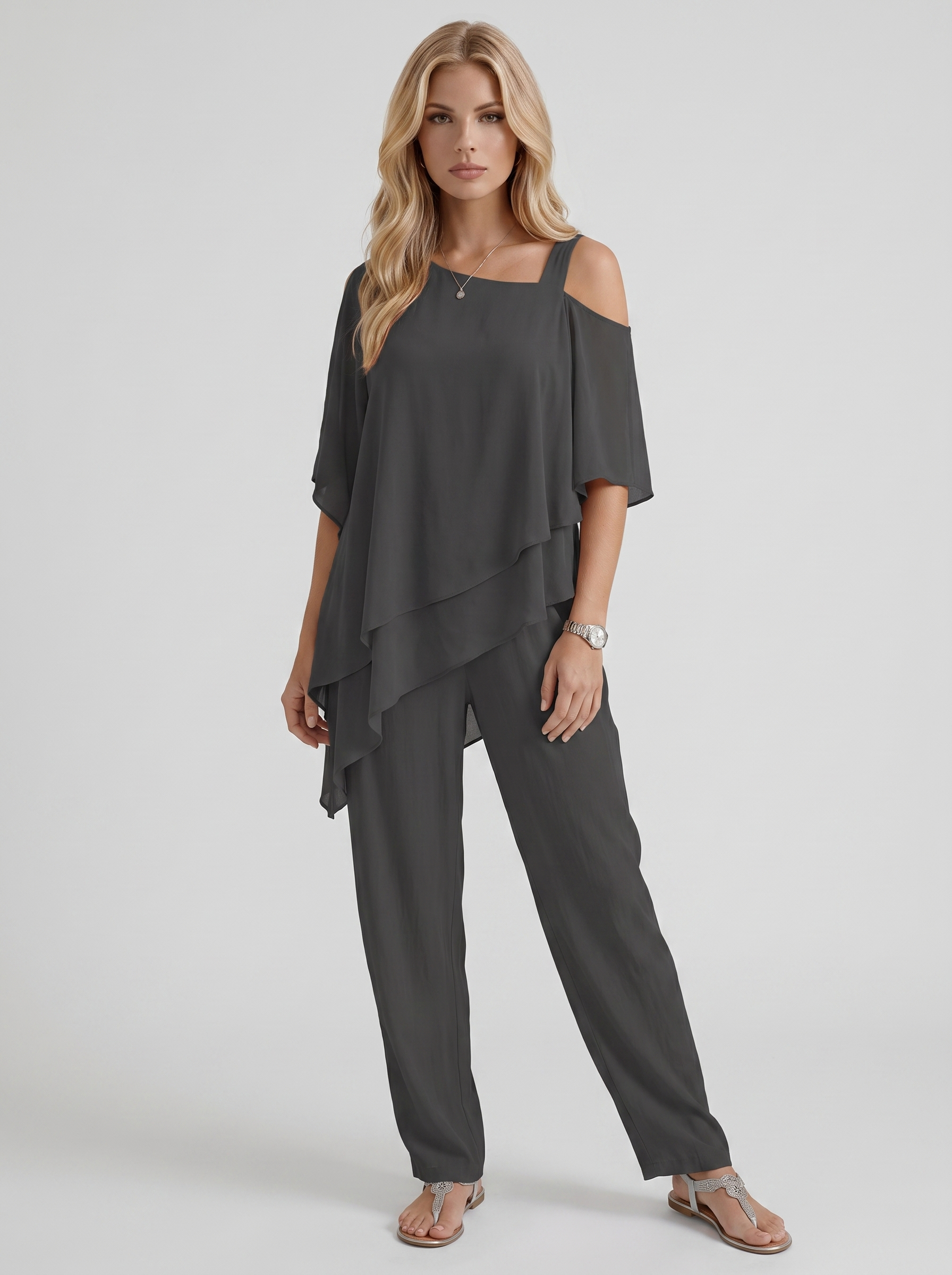 Women black pants two piece set with cold shoulder top and matching pants