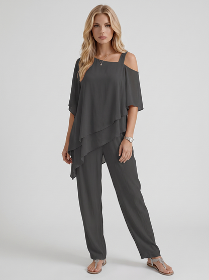 Women black pants two piece set with cold shoulder top and matching pants