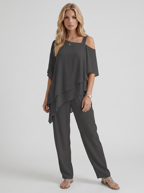 Women black pants two piece set with cold shoulder top and matching pants