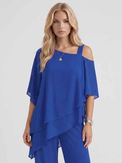 Women blue pants two piece set with cold shoulder top and matching pants