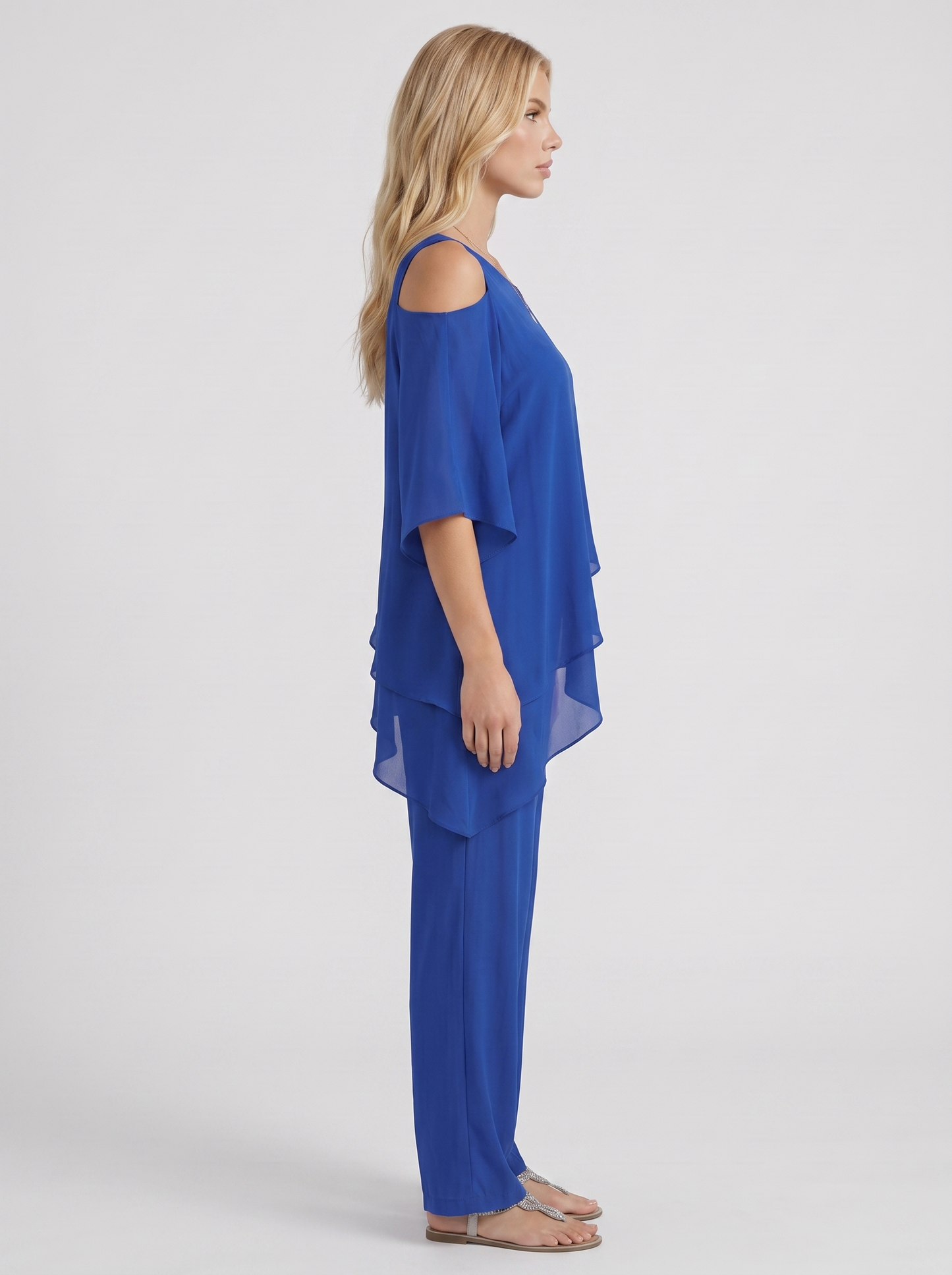 Women blue pants two piece set with cold shoulder top and matching pants