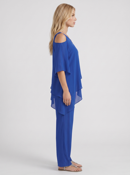 Women blue pants two piece set with cold shoulder top and matching pants