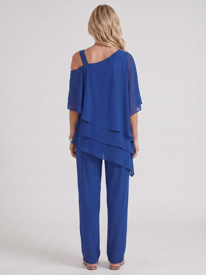 Women blue pants two piece set with cold shoulder top and matching pants