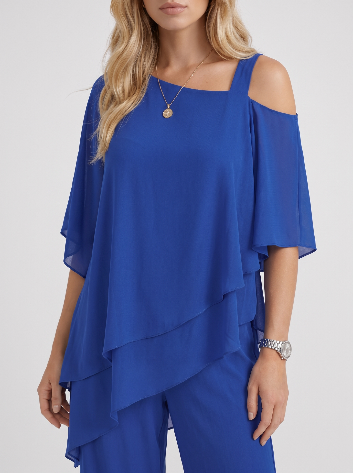 Women blue pants two piece set with cold shoulder top and matching pants