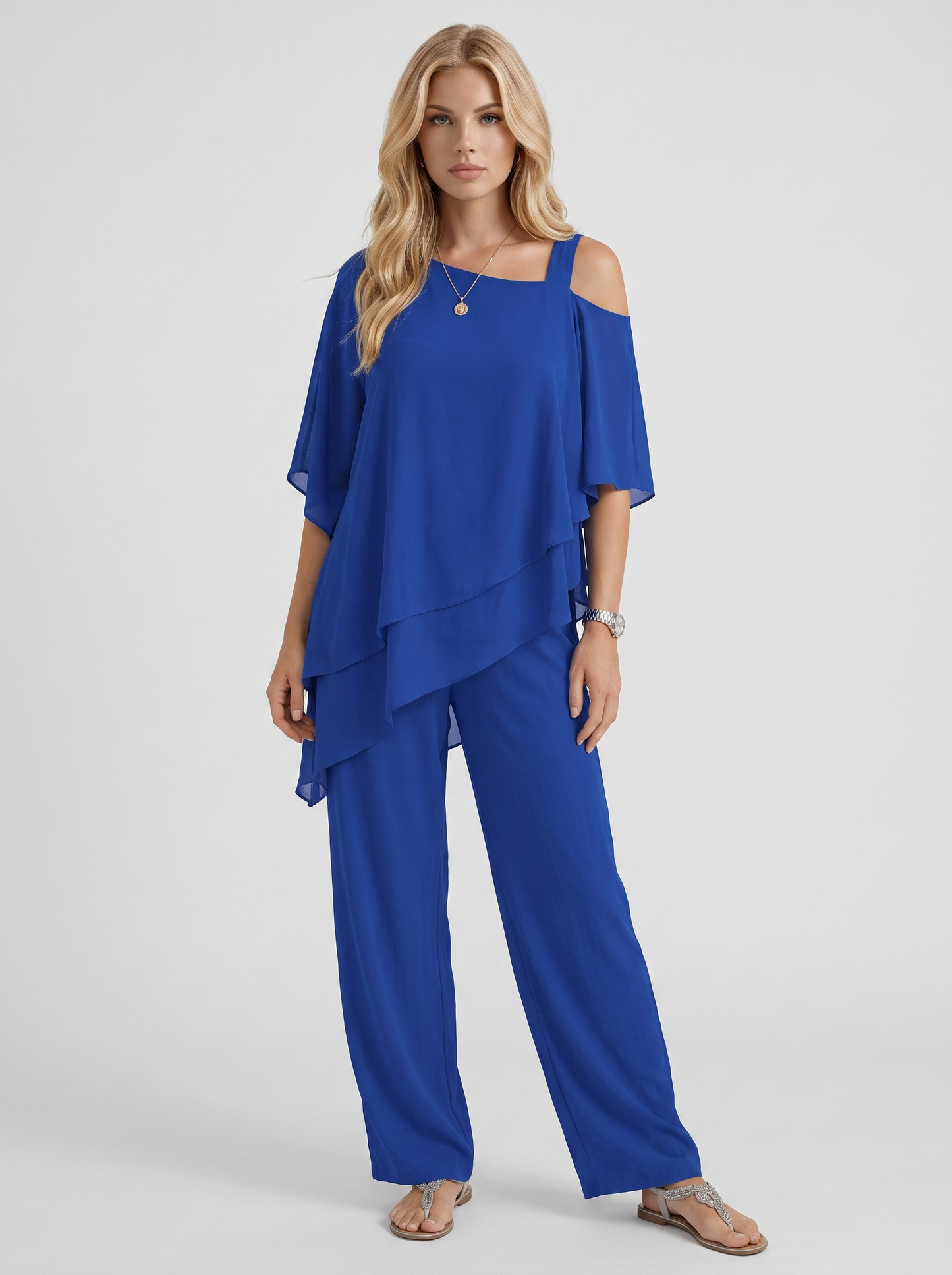Women blue pants two piece set with cold shoulder top and matching pants