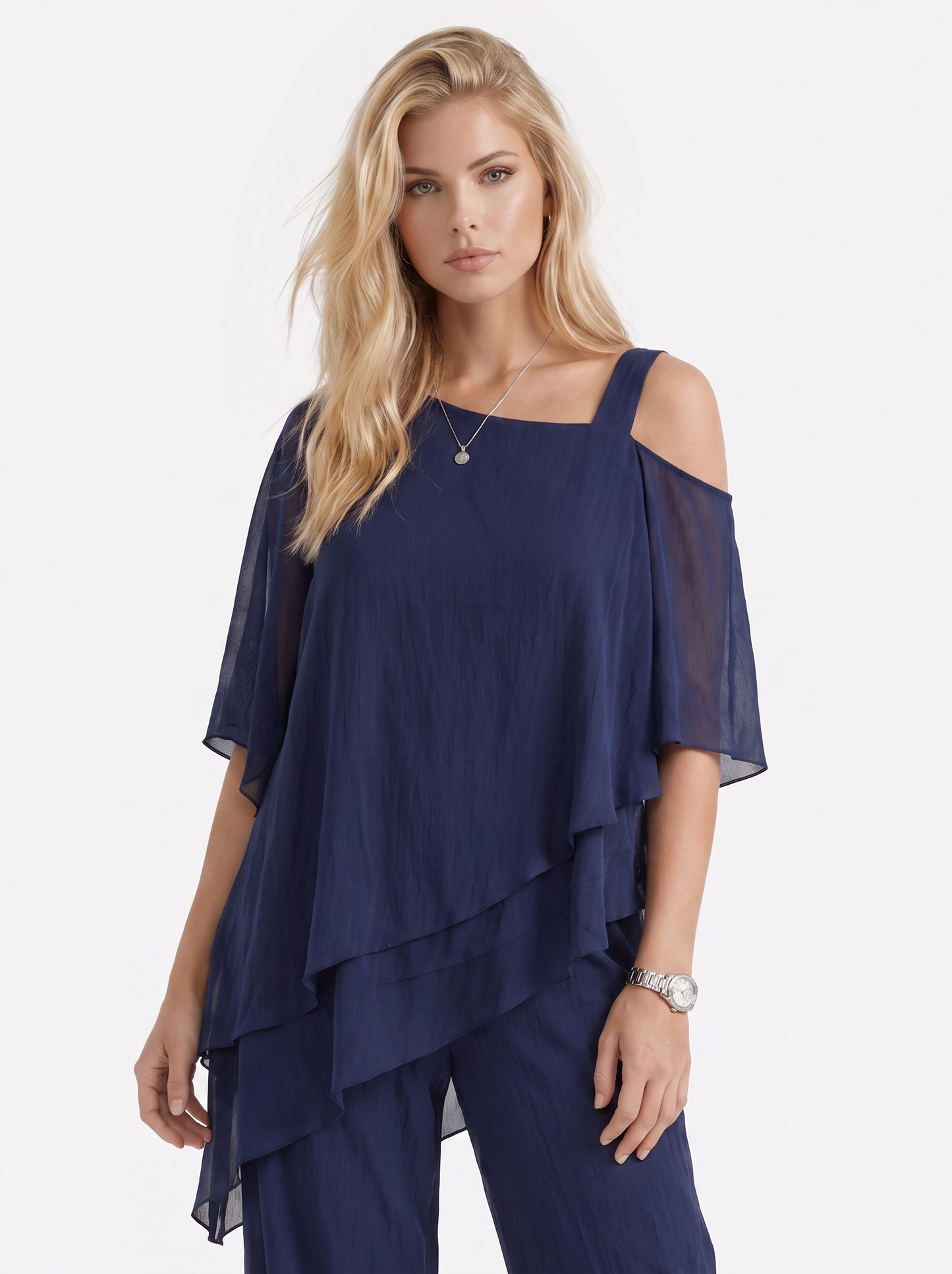 Women navy blue pants two piece set with cold shoulder top and matching pants