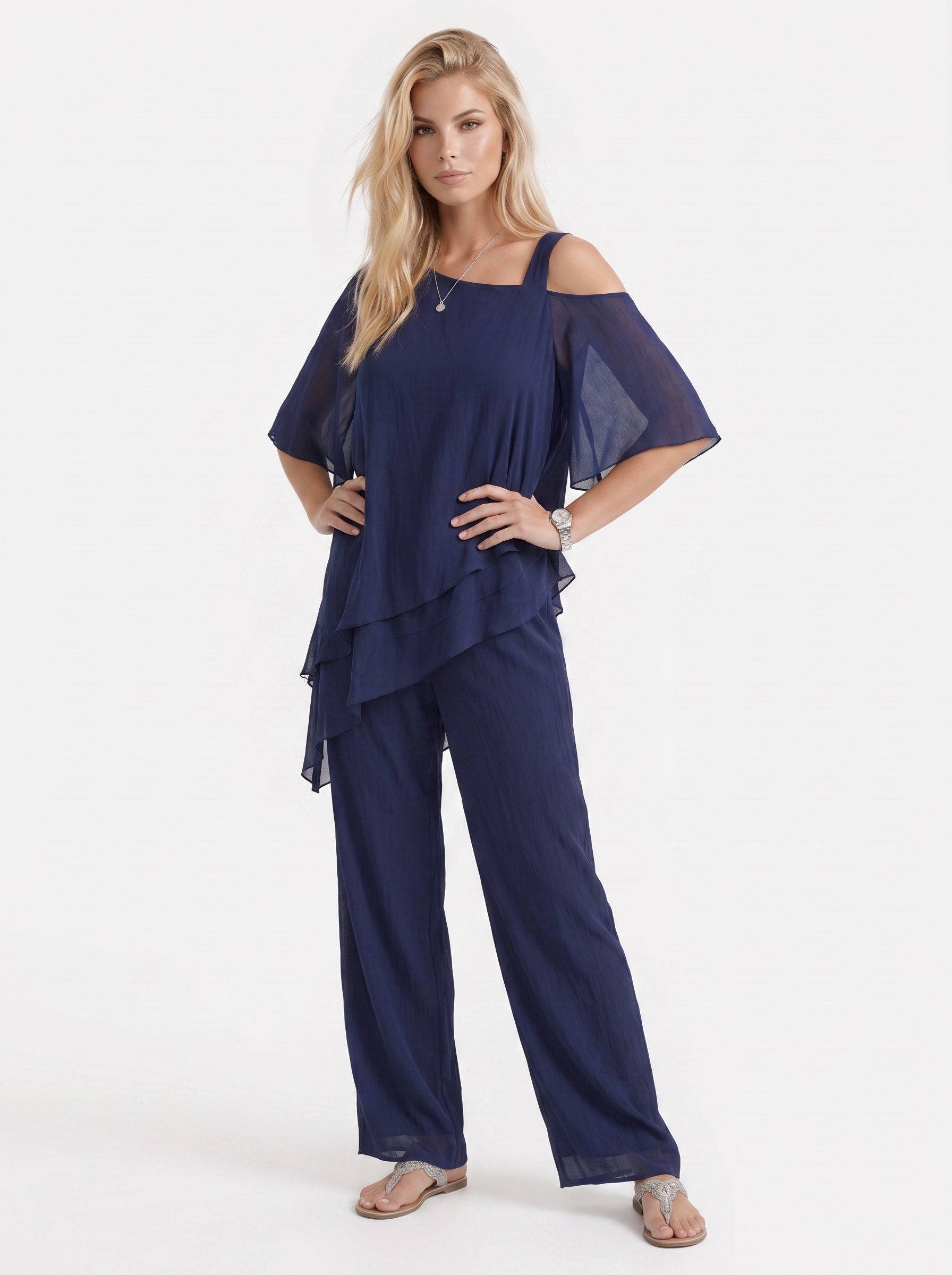 Women navy blue pants two piece set with cold shoulder top and matching pants