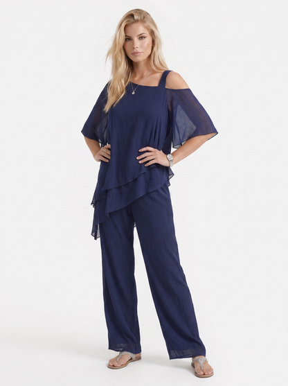 Women navy blue pants two piece set with cold shoulder top and matching pants