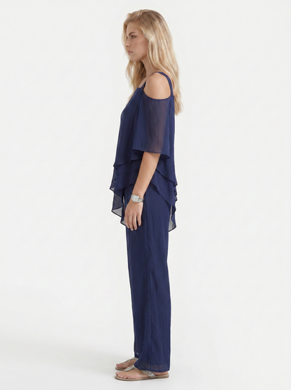 Women navy blue pants two piece set with cold shoulder top and matching pants