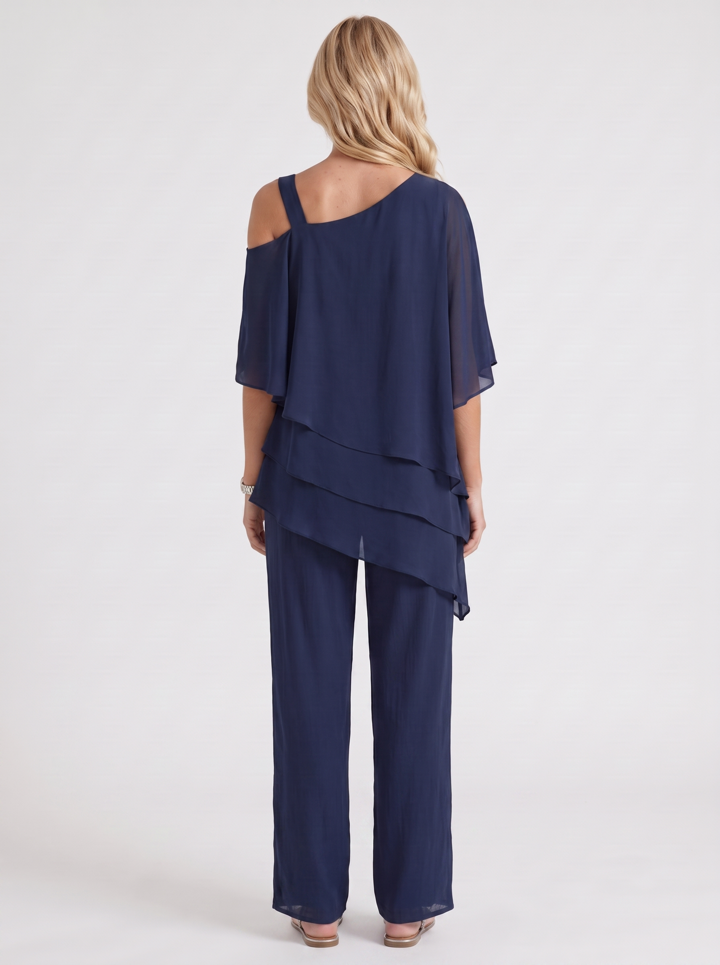 Women navy blue pants two piece set with cold shoulder top and matching pants