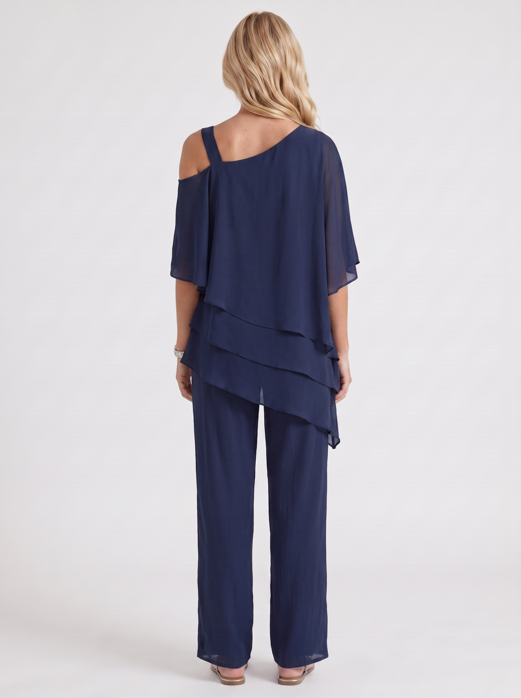Women navy blue pants two piece set with cold shoulder top and matching pants