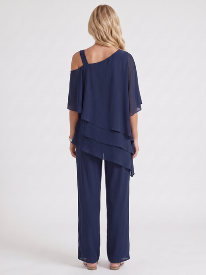 Women navy blue pants two piece set with cold shoulder top and matching pants