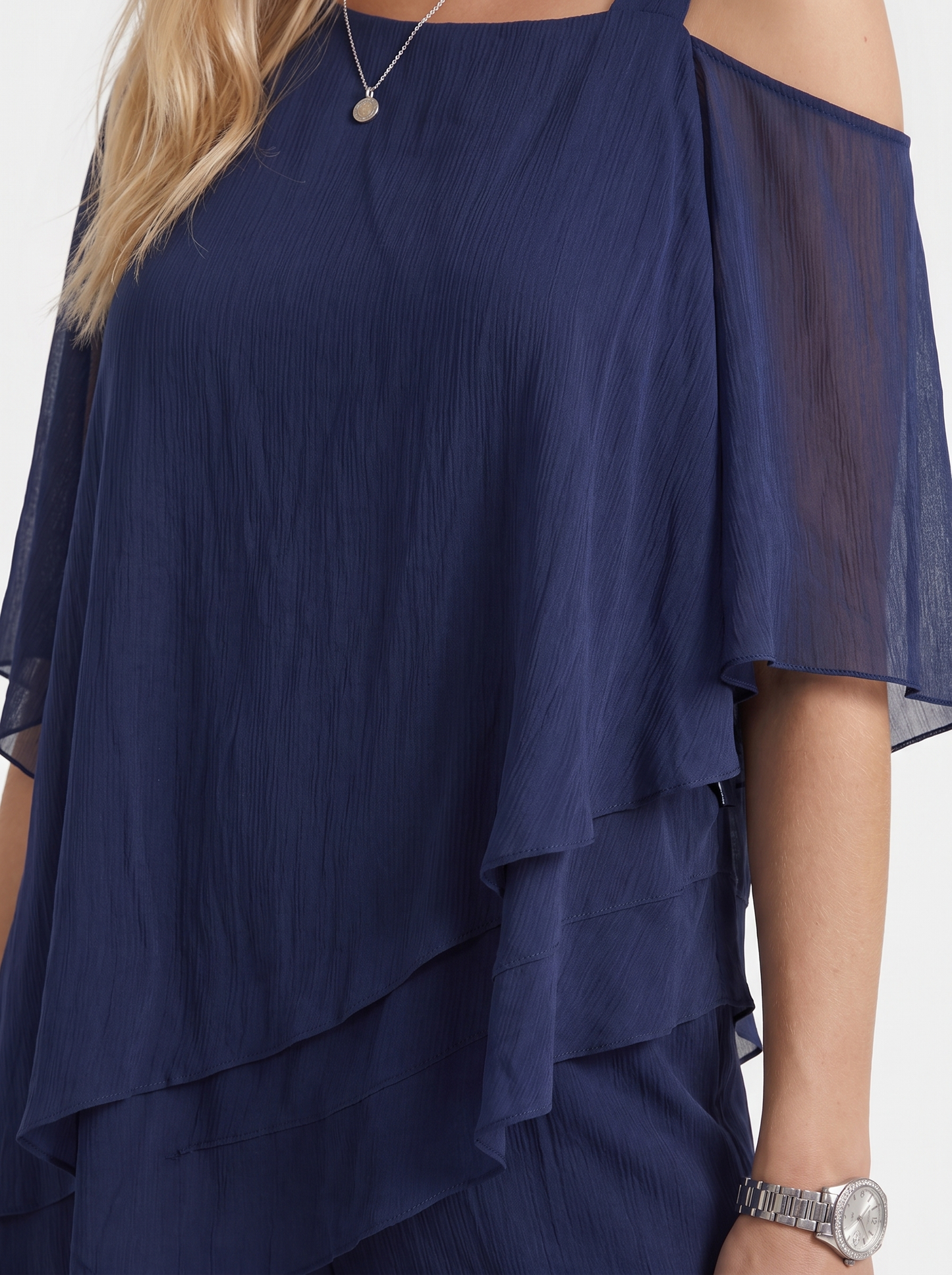 Women navy blue pants two piece set with cold shoulder top and matching pants