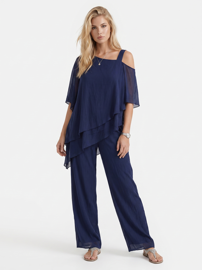 Women navy blue pants two piece set with cold shoulder top and matching pants