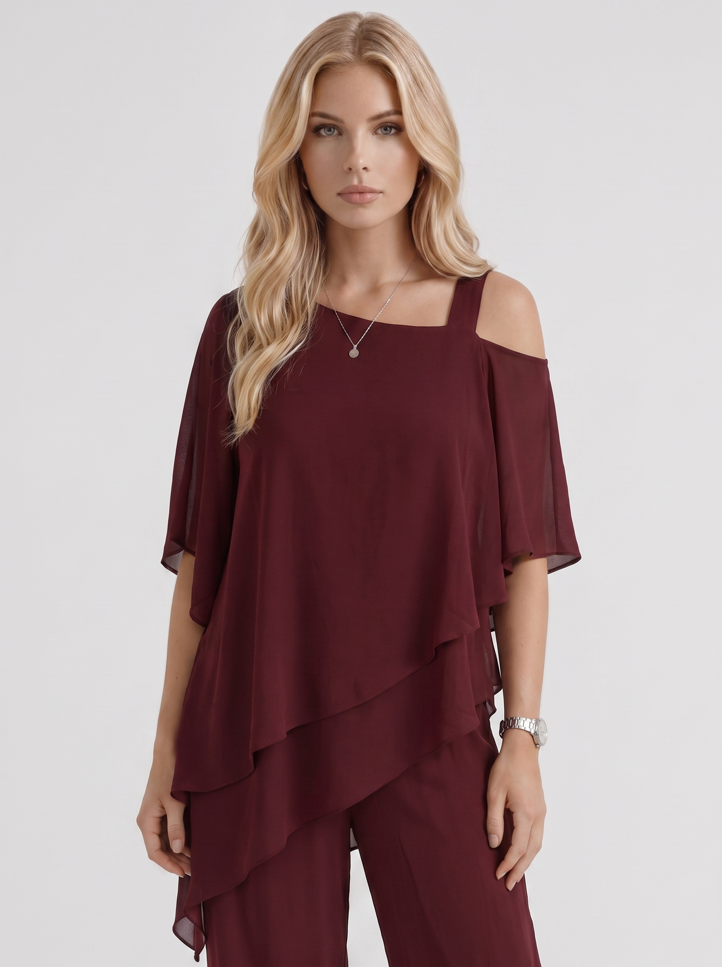 Women red pants two piece set with cold shoulder top and matching pants