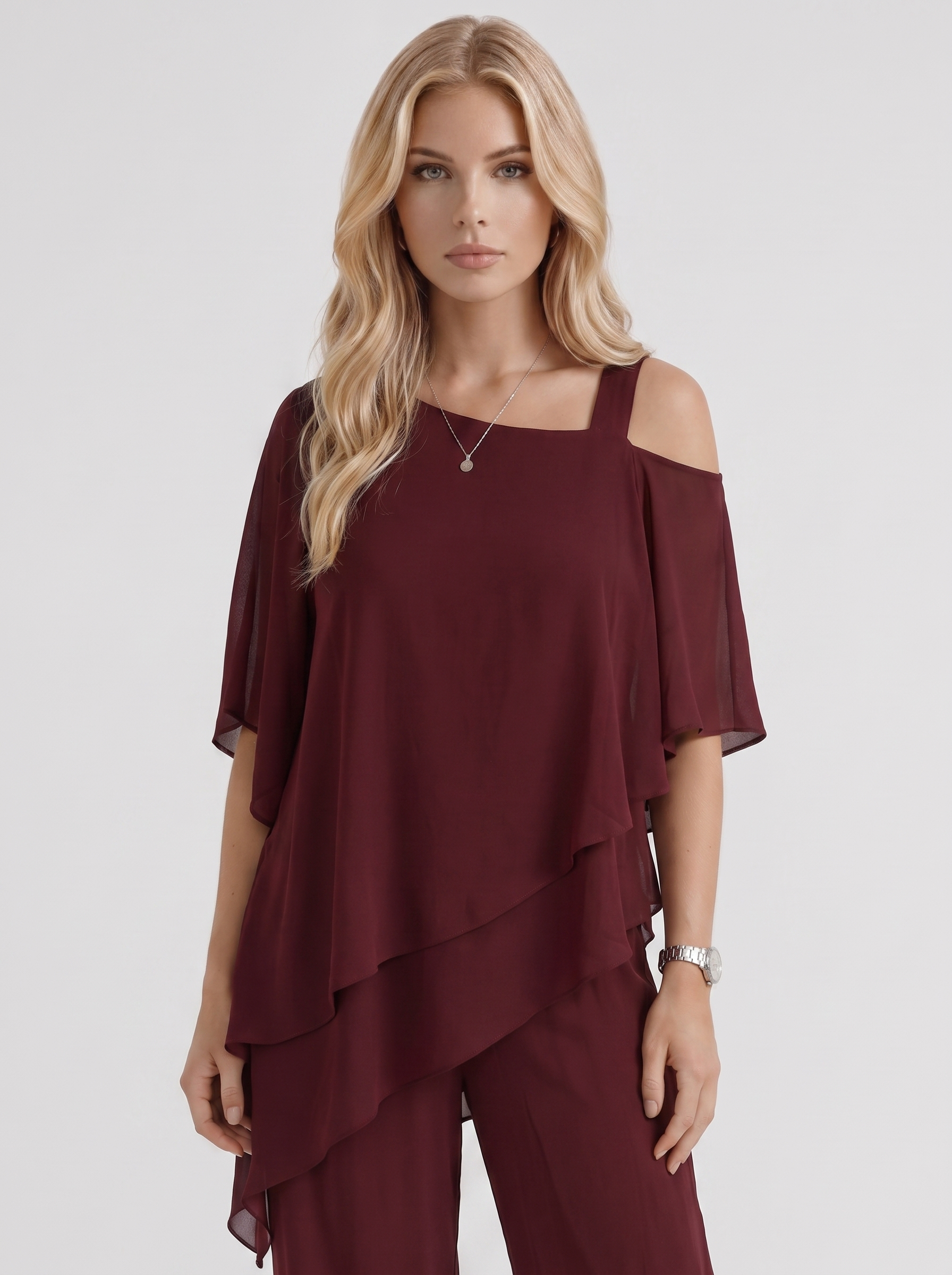 Women red pants two piece set with cold shoulder top and matching pants