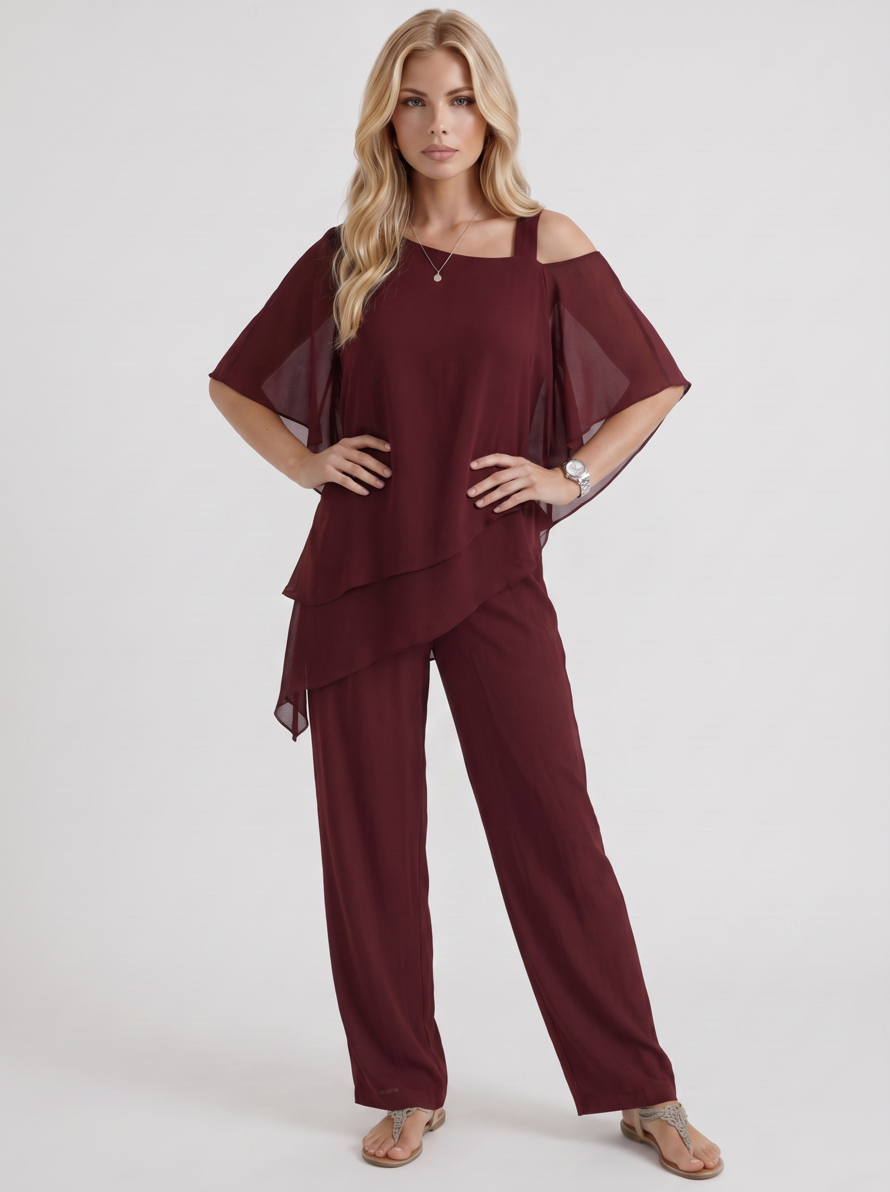 Women red pants two piece set with cold shoulder top and matching pants