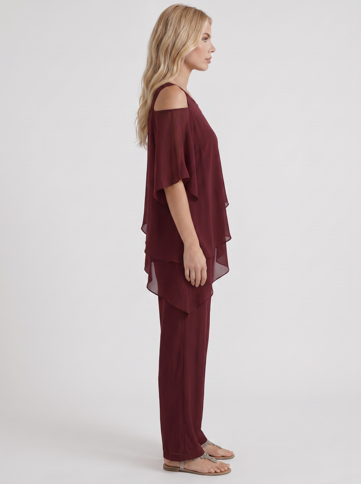 Women red pants two piece set with cold shoulder top and matching pants