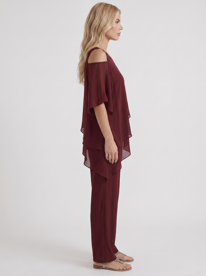 Women red pants two piece set with cold shoulder top and matching pants