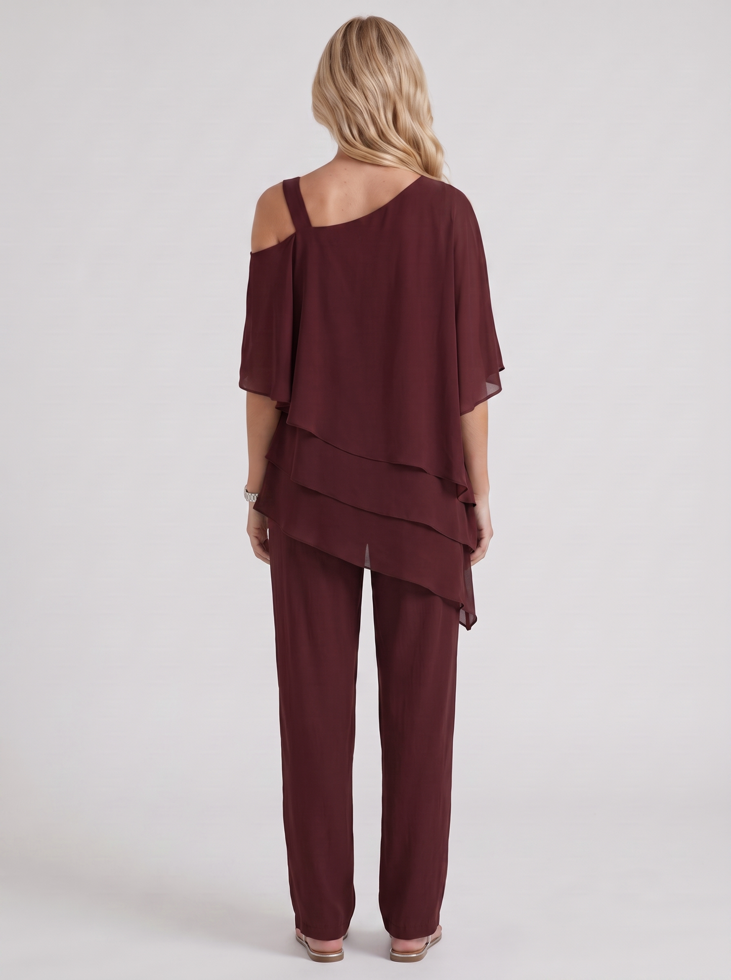 Women red pants two piece set with cold shoulder top and matching pants