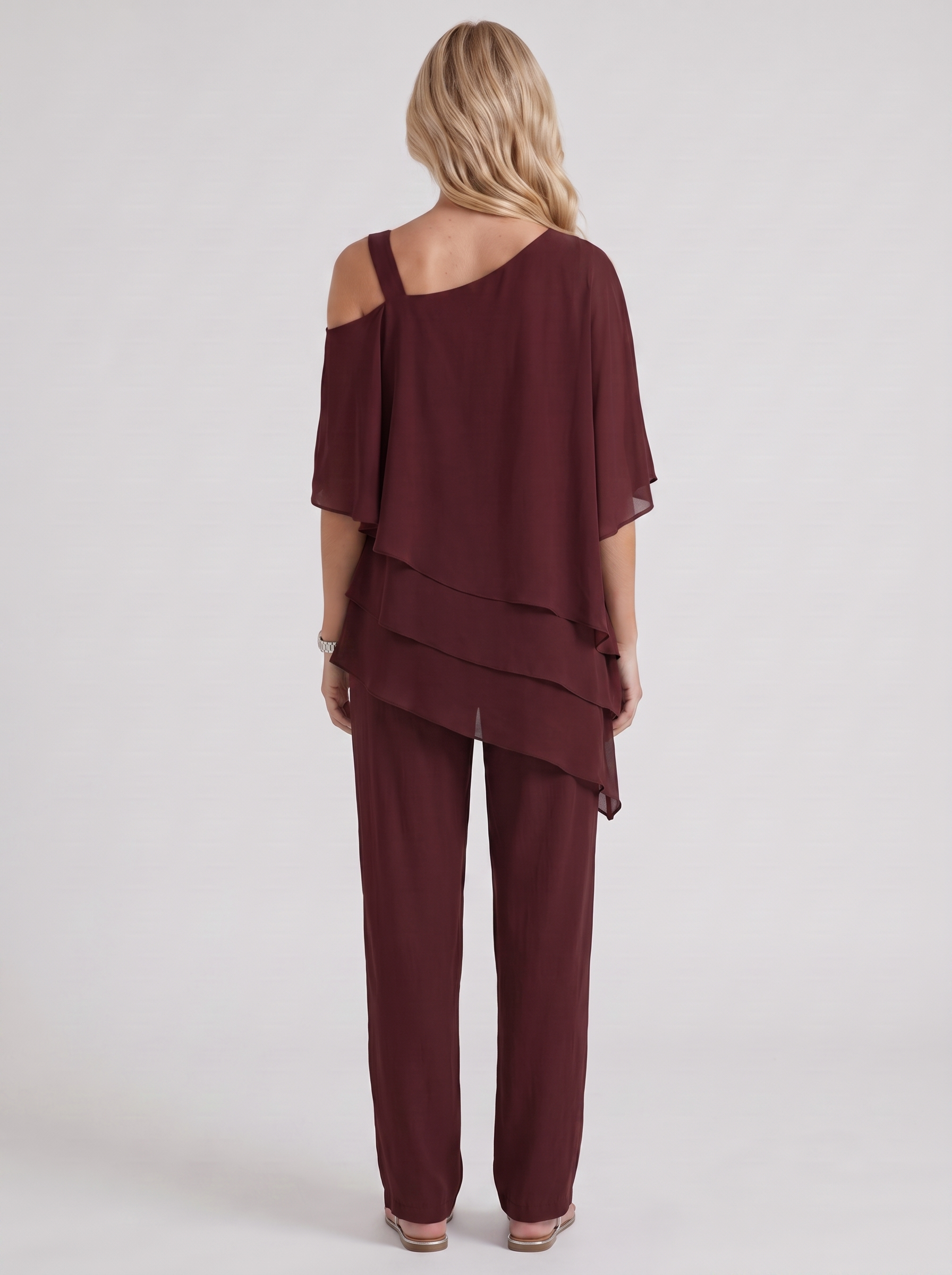 Women red pants two piece set with cold shoulder top and matching pants