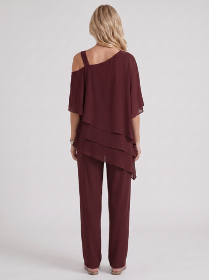 Women red pants two piece set with cold shoulder top and matching pants