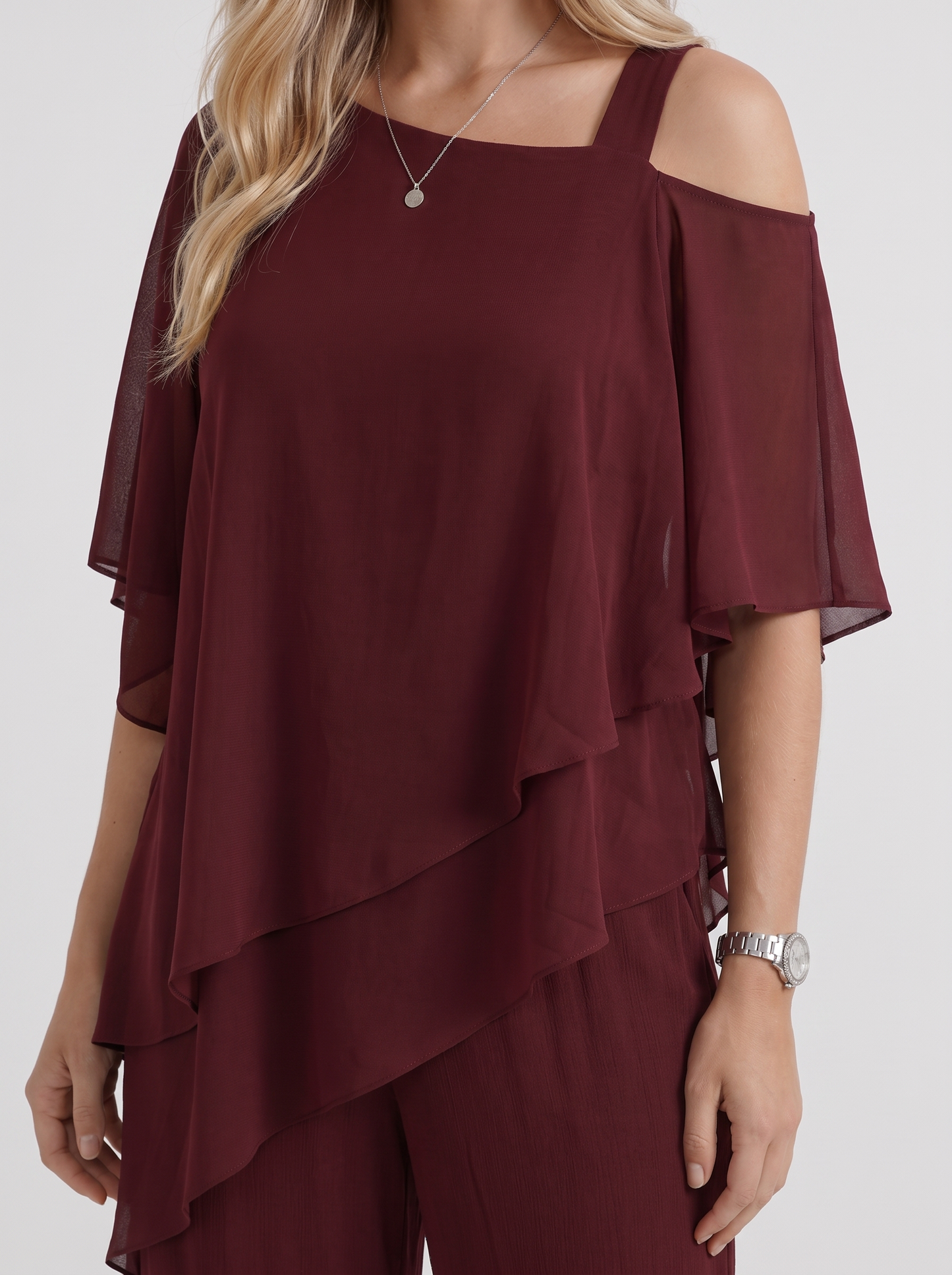 Women red pants two piece set with cold shoulder top and matching pants