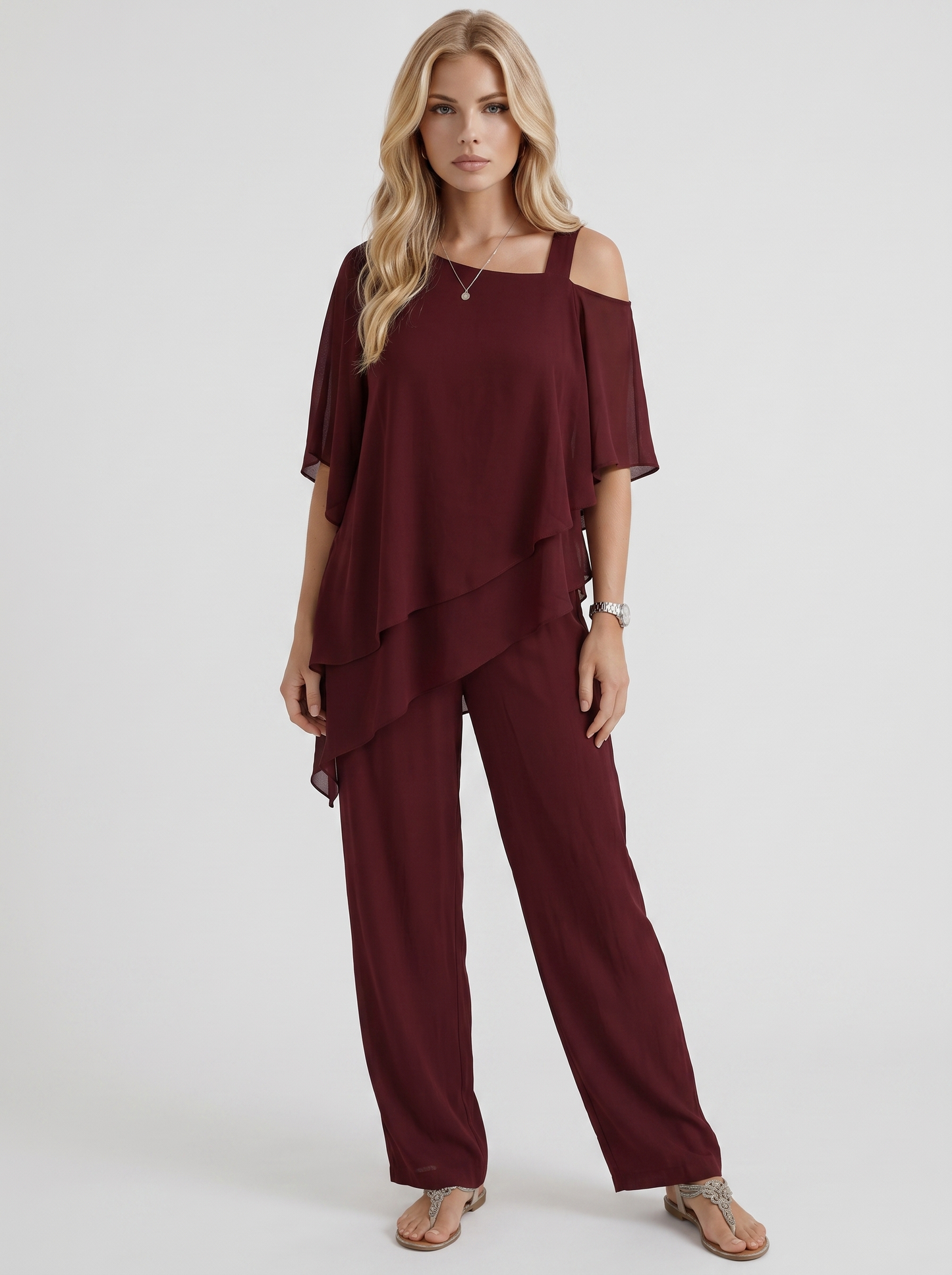 Women red pants two piece set with cold shoulder top and matching pants