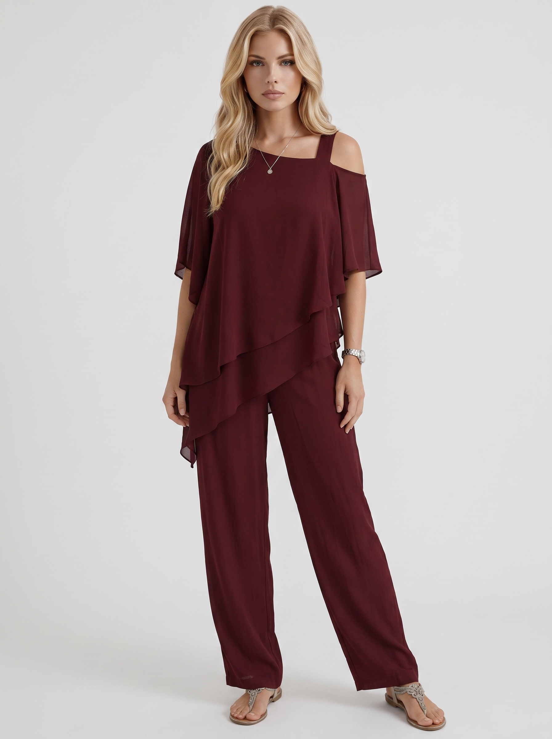 Women red pants two piece set with cold shoulder top and matching pants