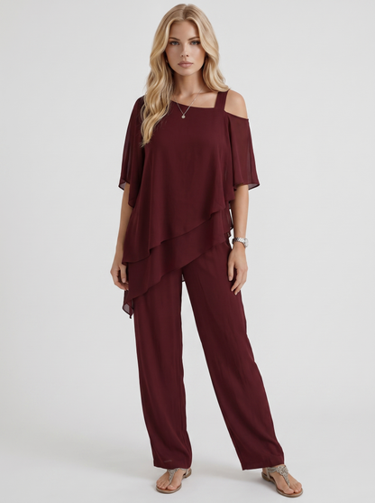 Women red pants two piece set with cold shoulder top and matching pants