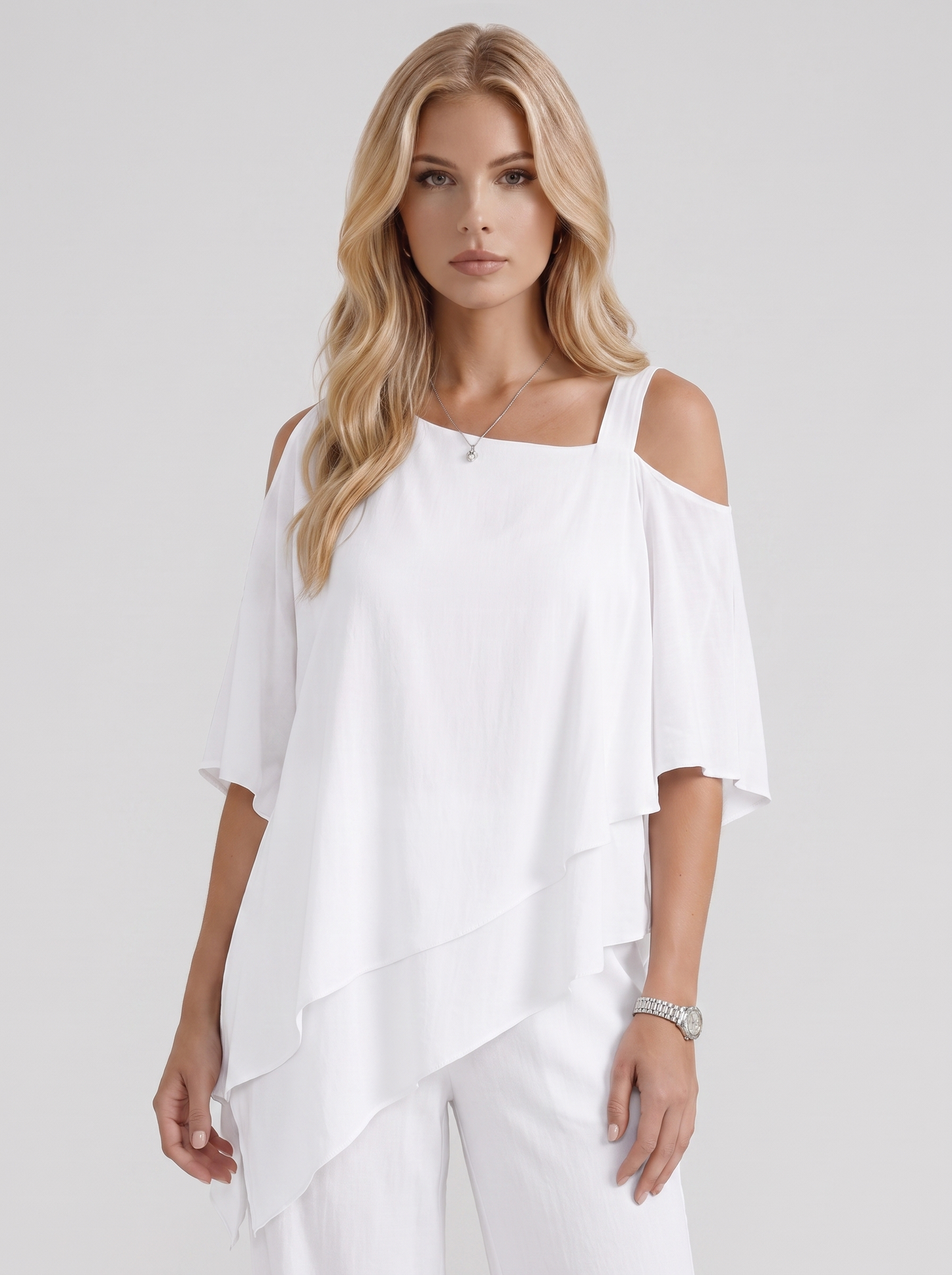 Women white pants two piece set with cold shoulder top and matching pants