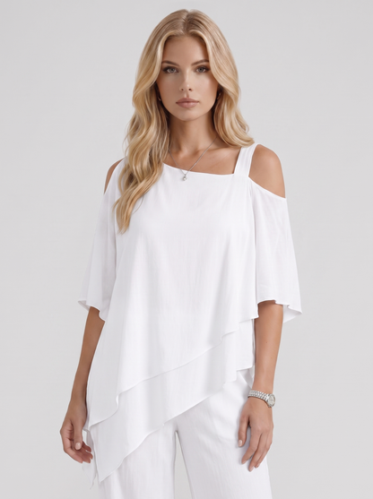 Women white pants two piece set with cold shoulder top and matching pants