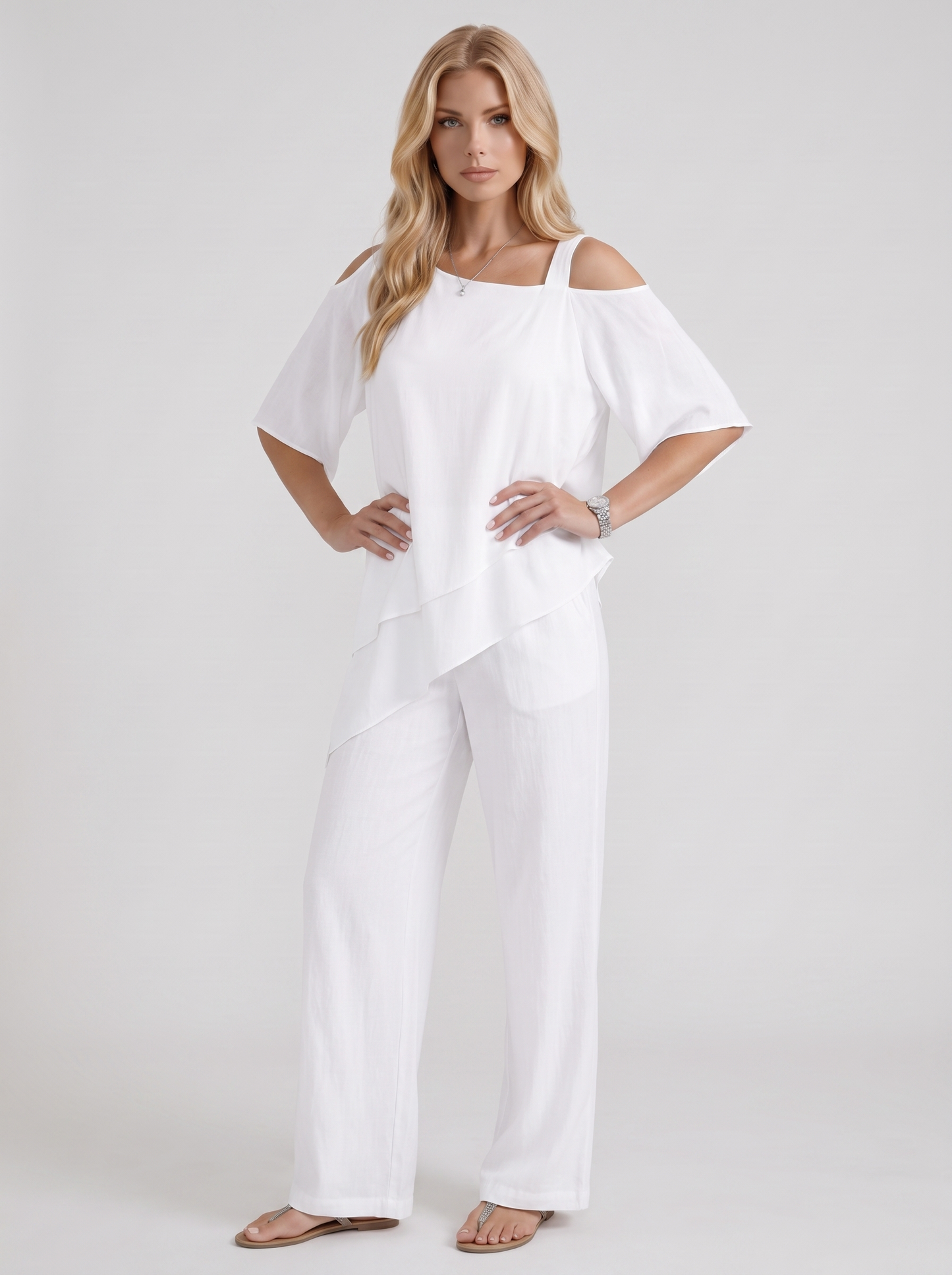 Women white pants two piece set with cold shoulder top and matching pants