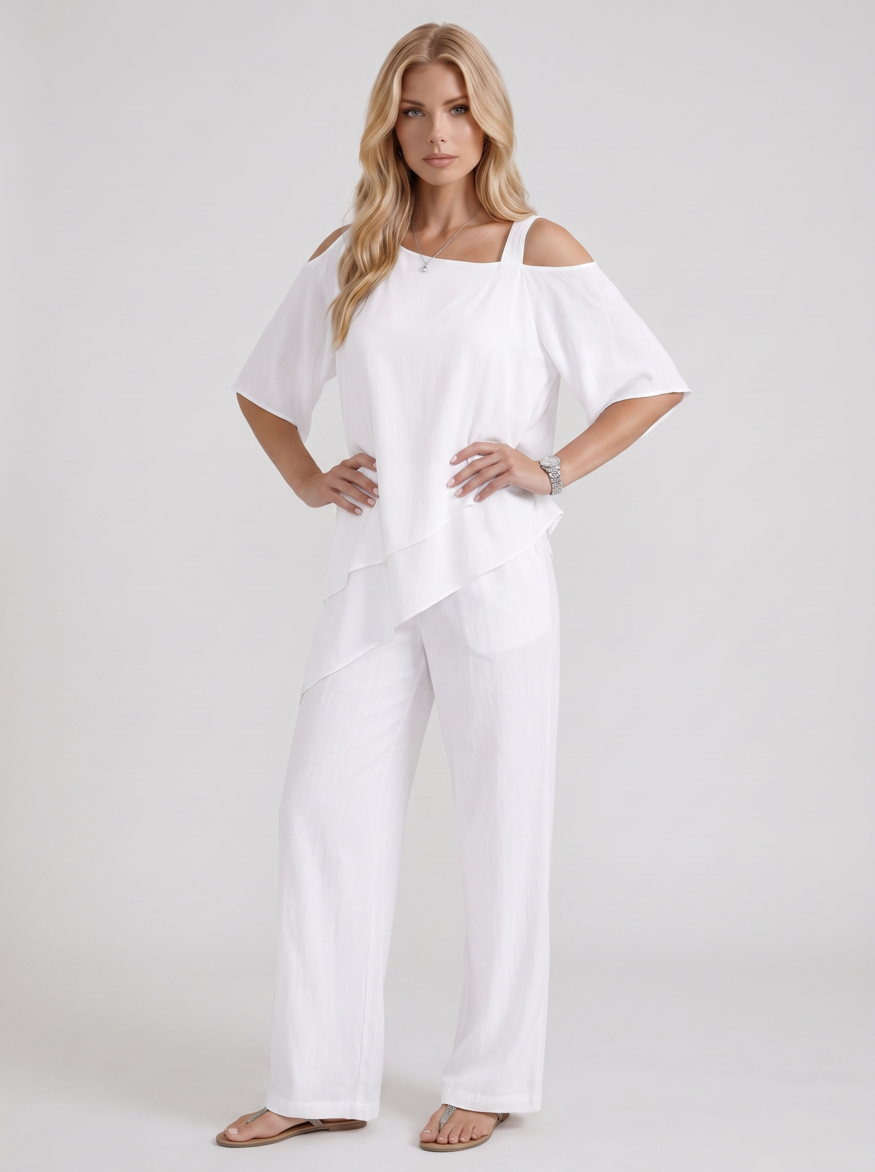 Women white pants two piece set with cold shoulder top and matching pants
