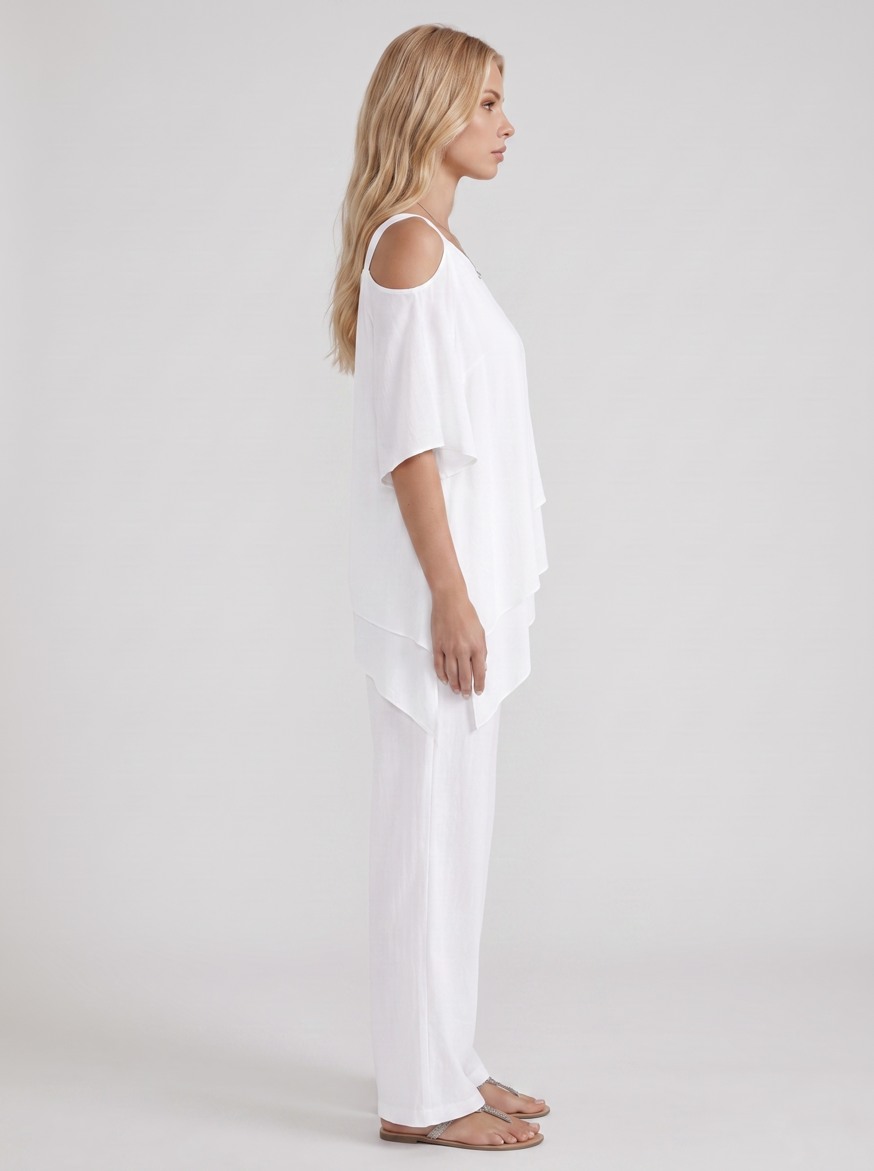Women white pants two piece set with cold shoulder top and matching pants
