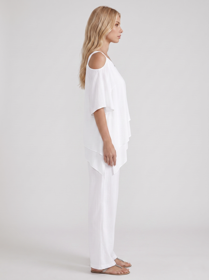 Women white pants two piece set with cold shoulder top and matching pants