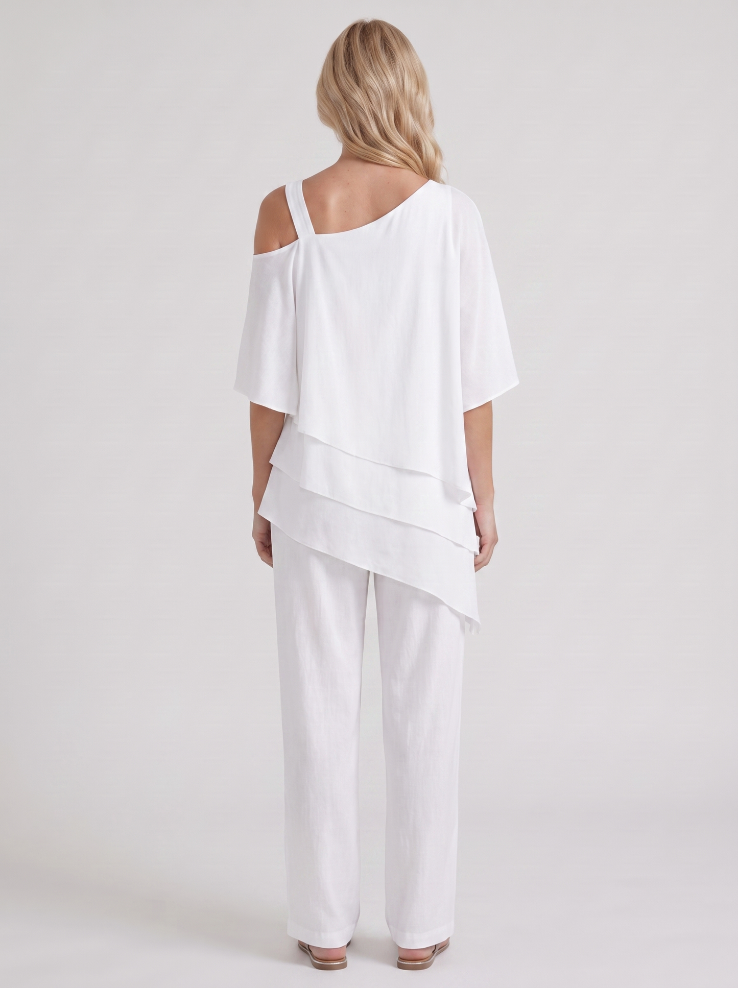 Women white pants two piece set with cold shoulder top and matching pants
