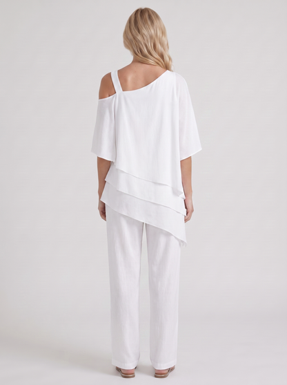 Women white pants two piece set with cold shoulder top and matching pants
