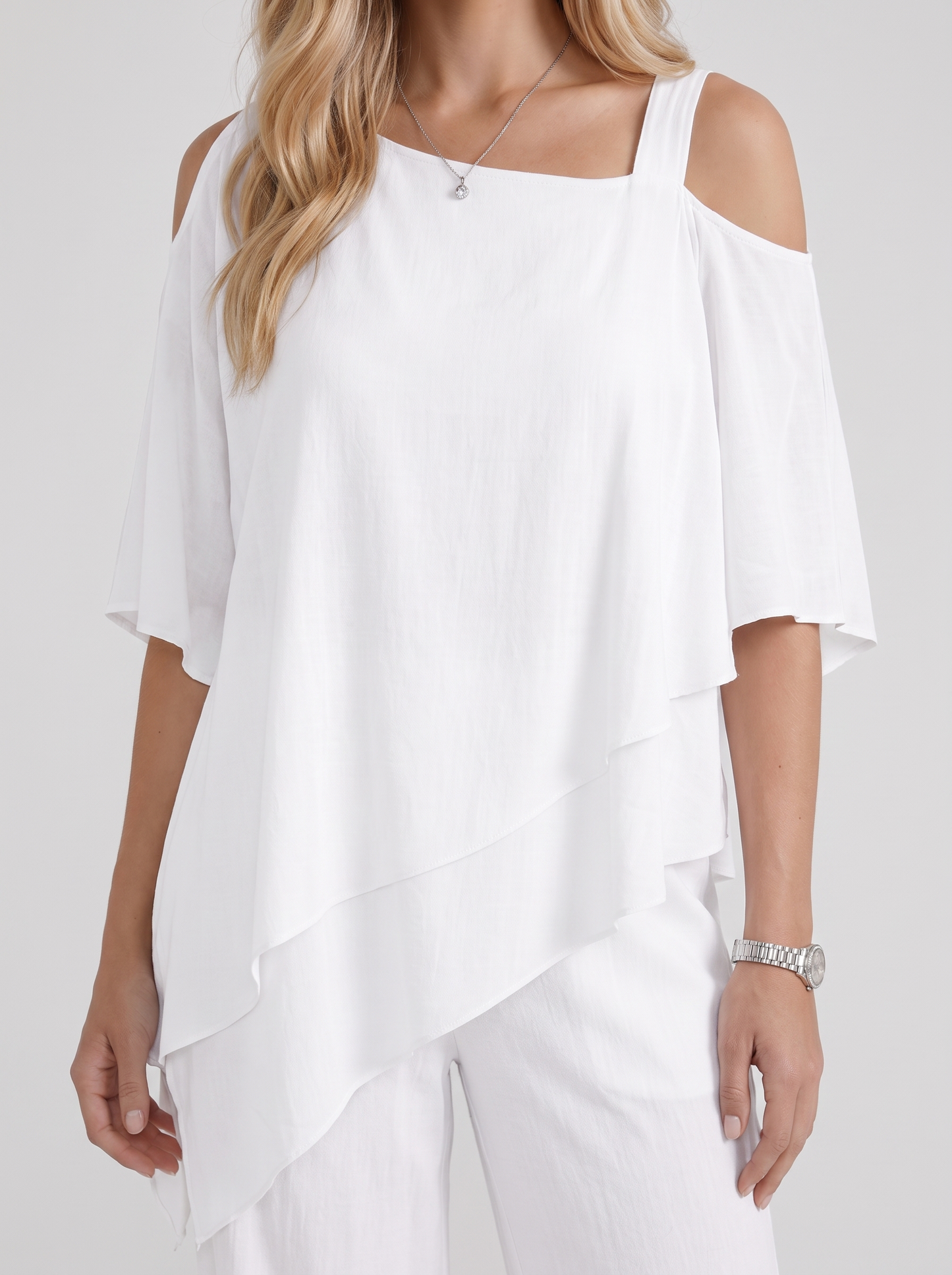 Women white pants two piece set with cold shoulder top and matching pants