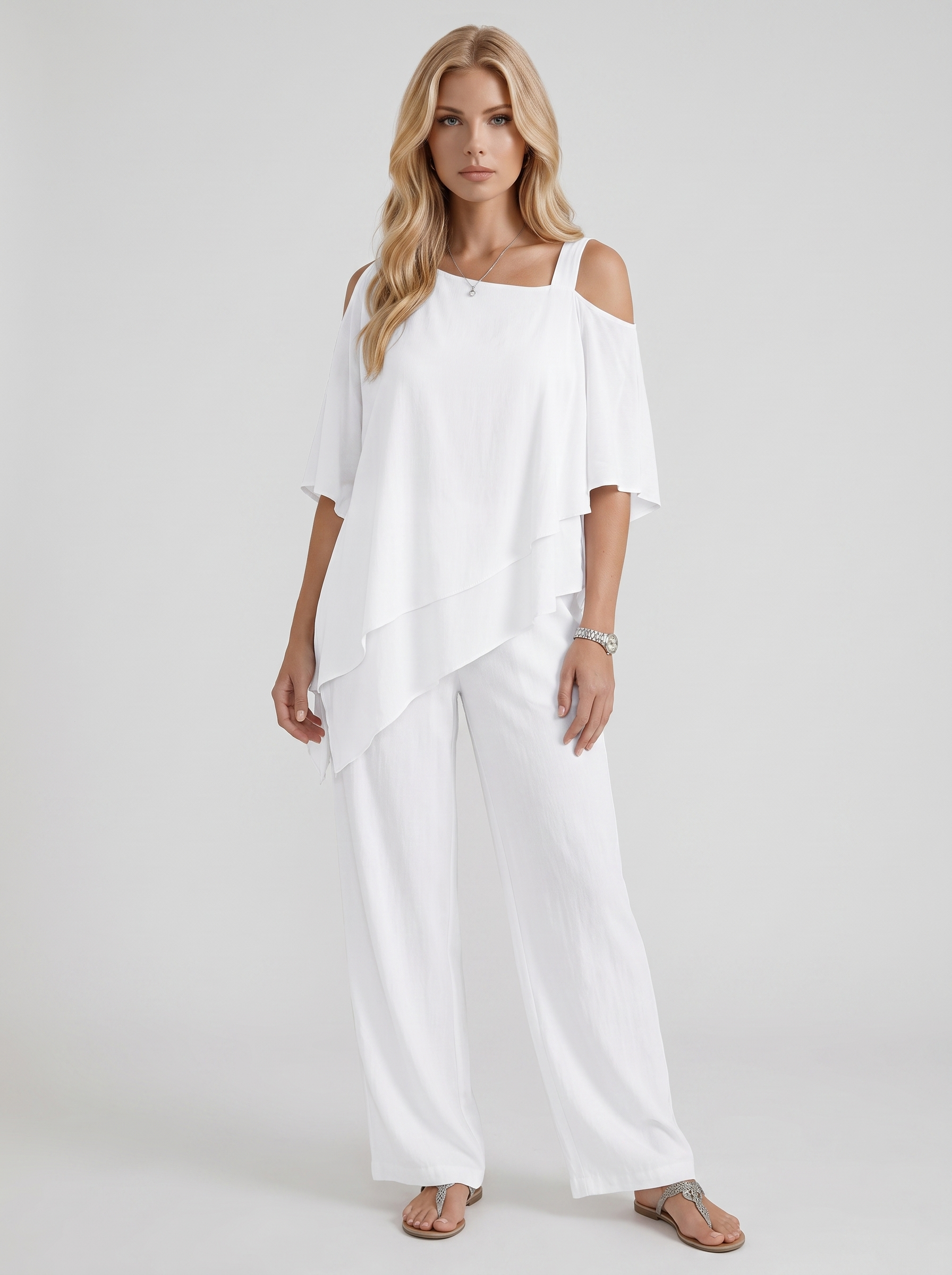 Women white pants two piece set with cold shoulder top and matching pants