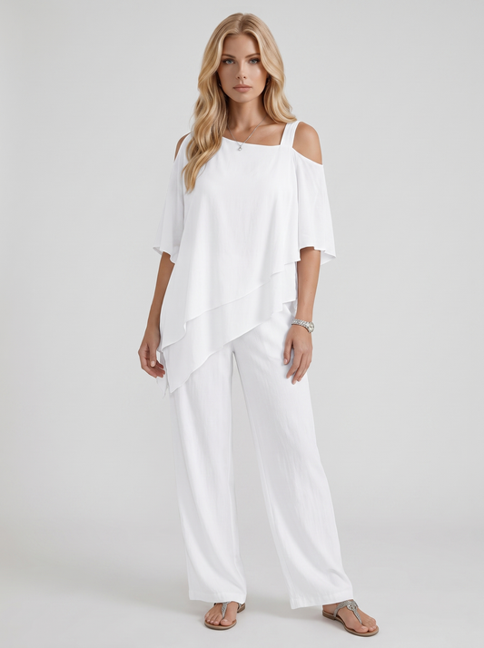 Women white pants two piece set with cold shoulder top and matching pants