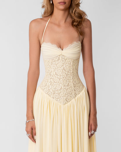 Women butter yellow lace corset maxi dress with sweetheart neckline and lace up back