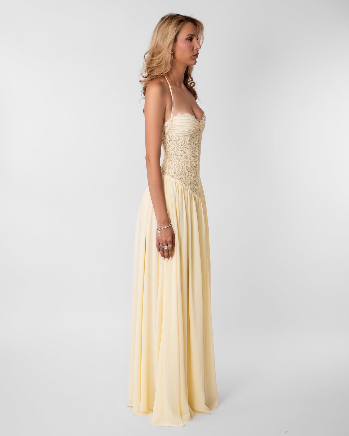 Women butter yellow lace corset maxi dress with sweetheart neckline and lace up back