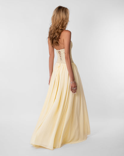 Women butter yellow lace corset maxi dress with sweetheart neckline and lace up back