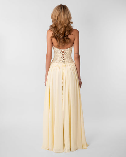 Women butter yellow lace corset maxi dress with sweetheart neckline and lace up back