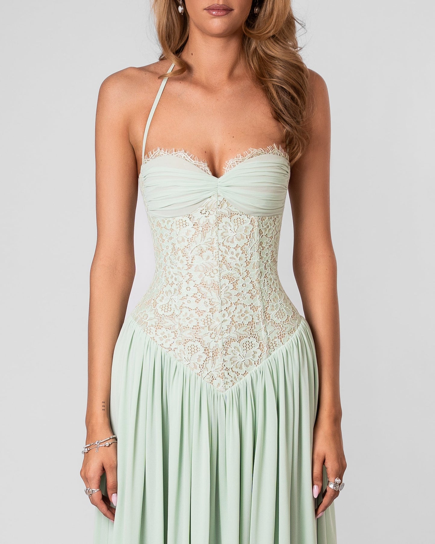 Women mint green lace corset maxi dress with sweetheart neckline and lace up back